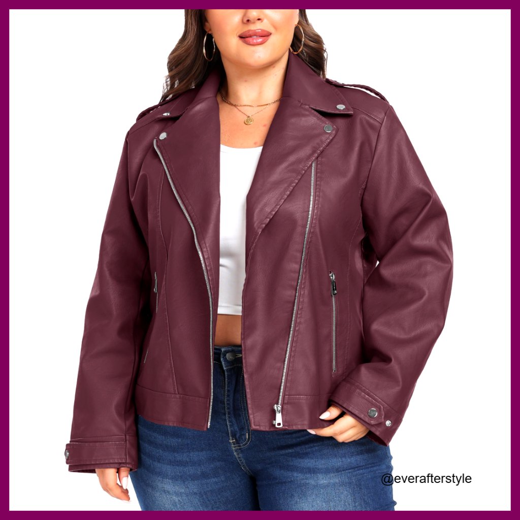 Faux Leather Moto Jacket Lapel Collar Biker Coat Plus Size Retro Chic